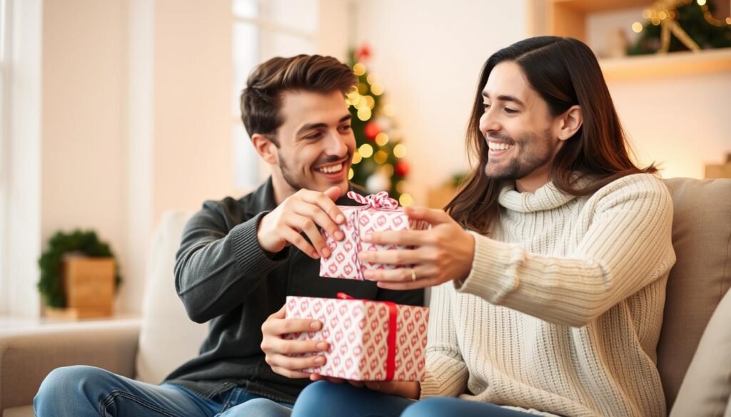 A couple exchanging gifts with the boyfriend looking surprised and happy