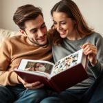 A couple exchanging sentimental gifts, with the boyfriend opening a personalized photo album with a touched expression