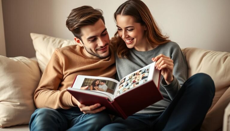 A couple exchanging sentimental gifts, with the boyfriend opening a personalized photo album with a touched expression