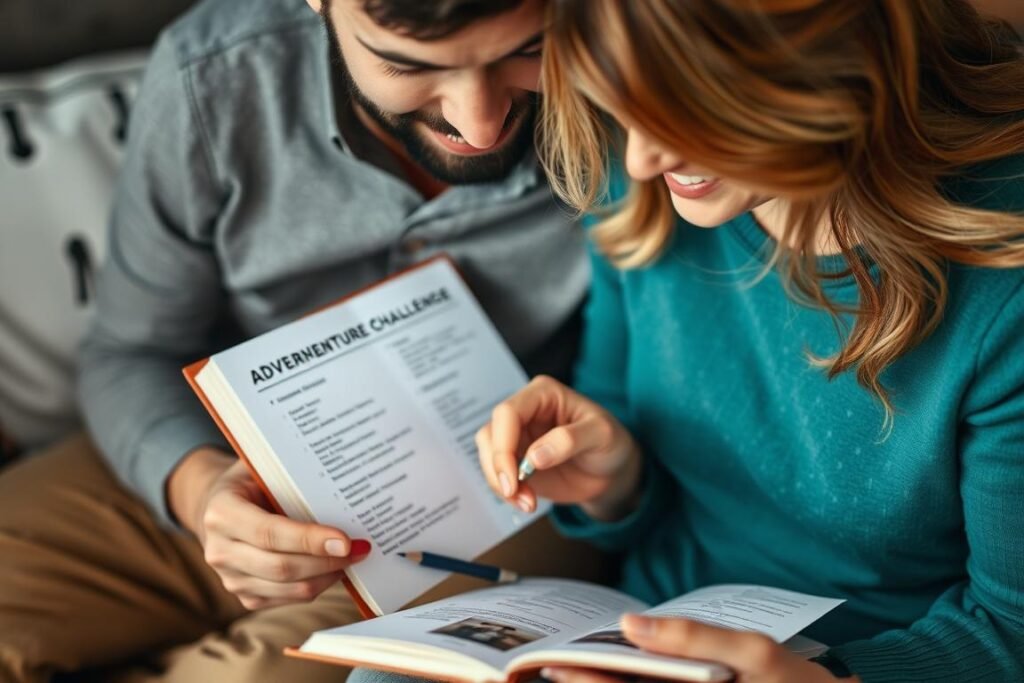 A couple scratching off a challenge in an adventure book and planning their next date
