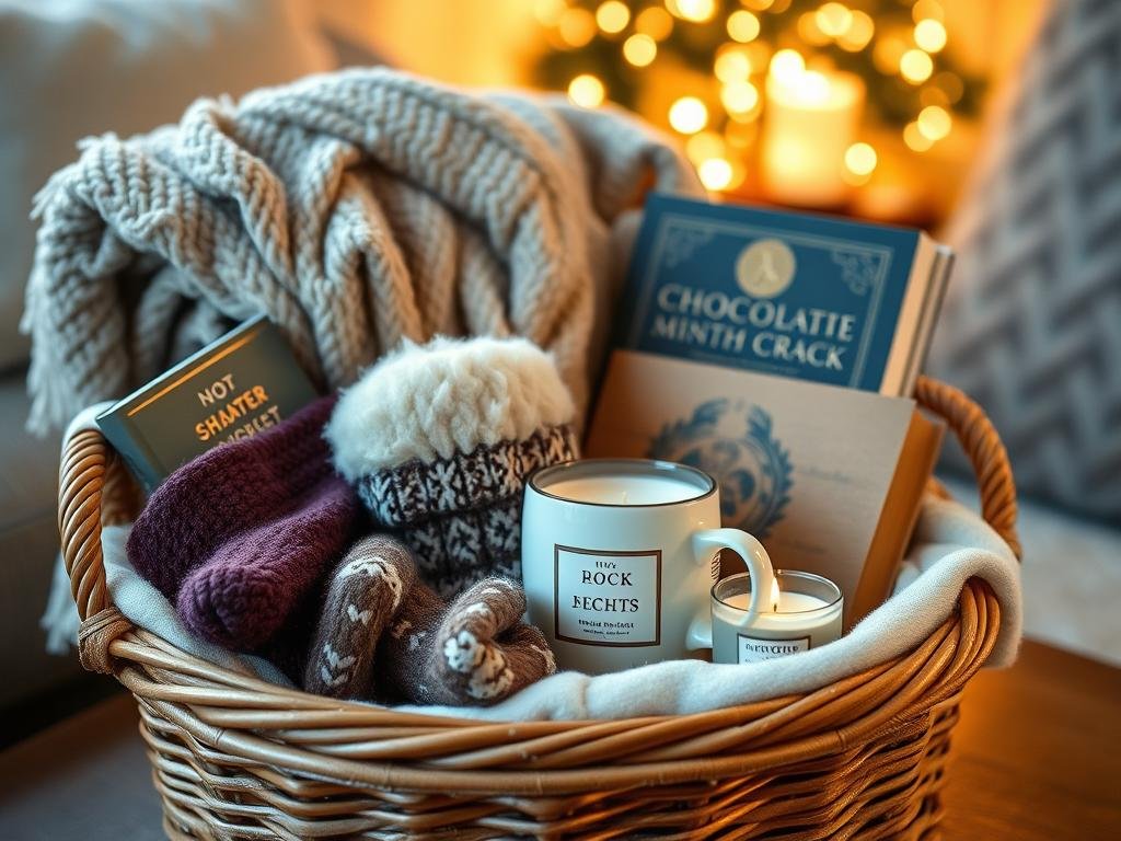 A cozy night in gift basket with blanket, socks, and comfort items