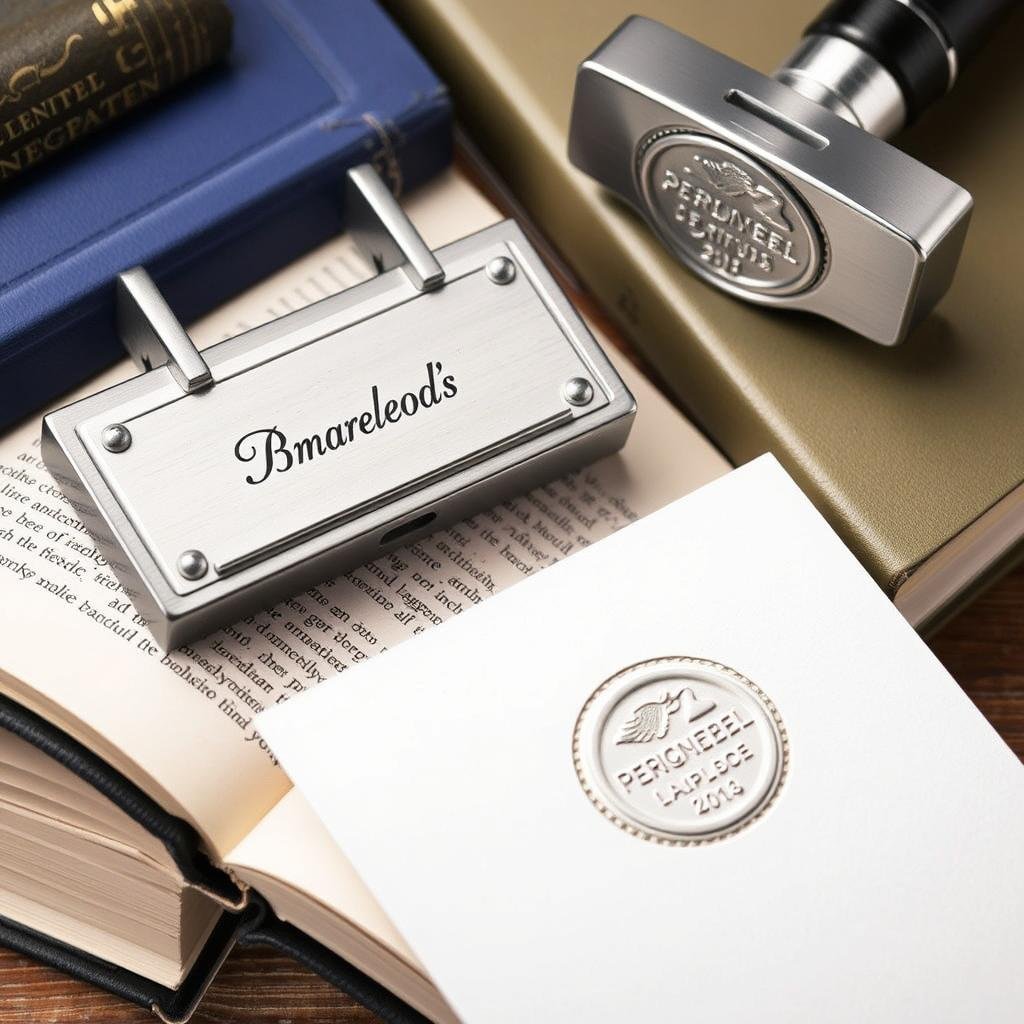 A custom book embosser with personalized plate and an example of the raised impression on a book page