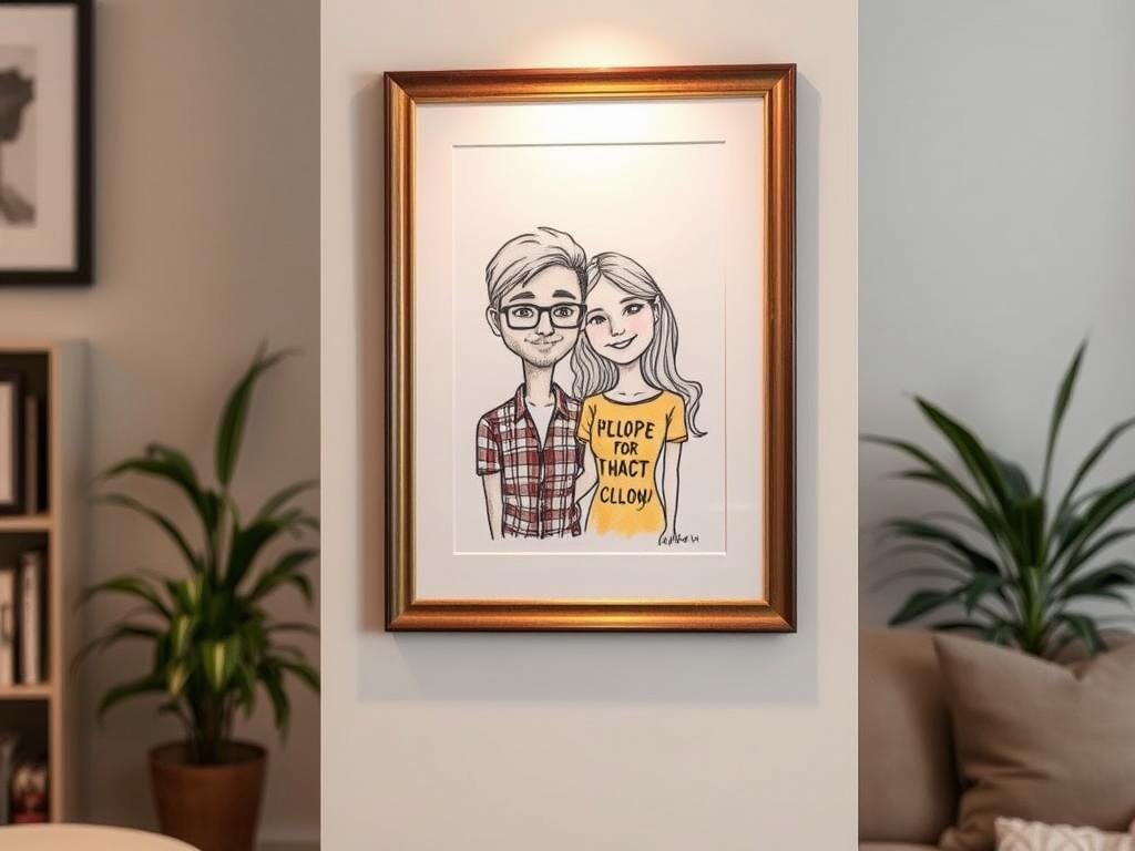 A custom illustrated portrait of a couple in a stylized artistic format