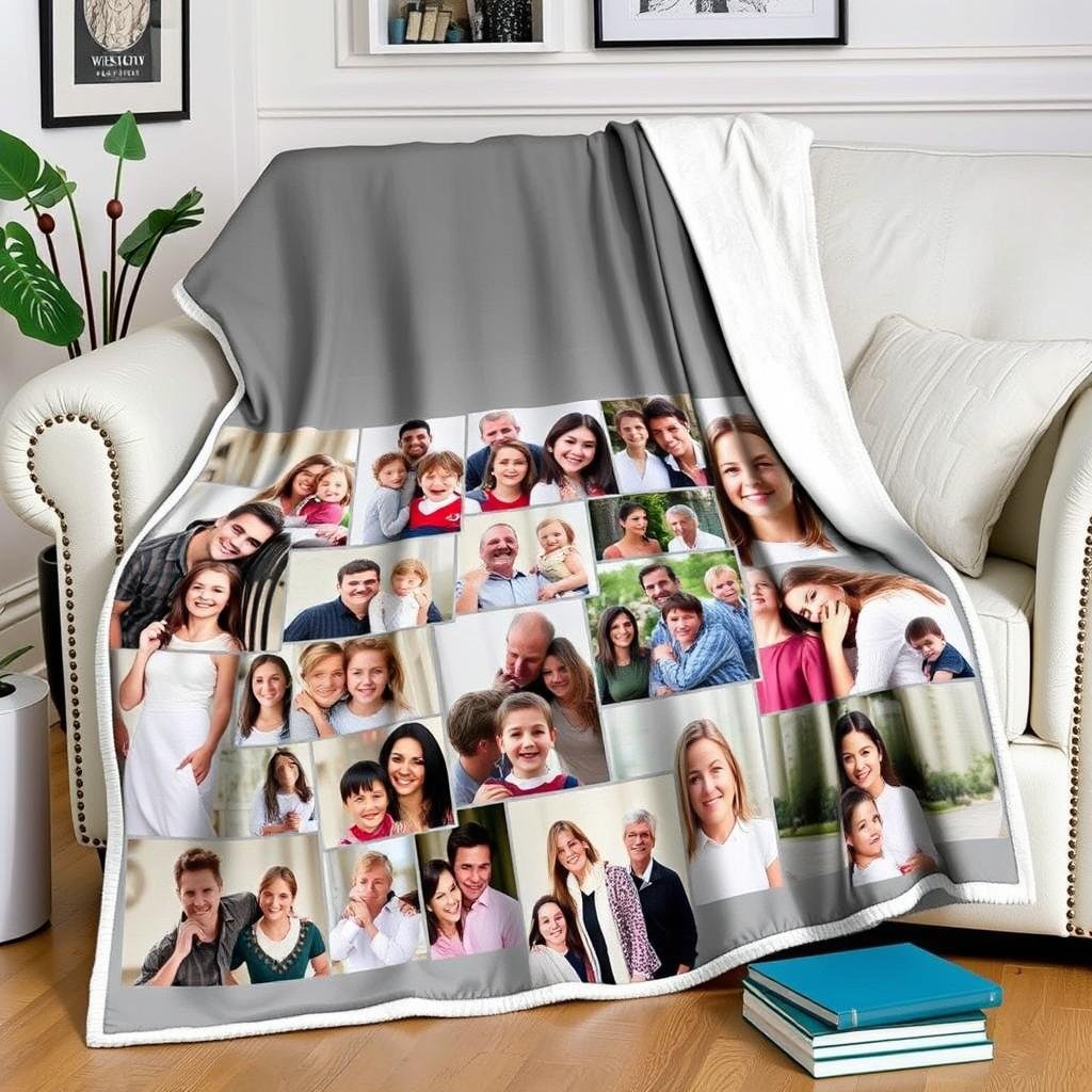 A custom photo blanket featuring family pictures
