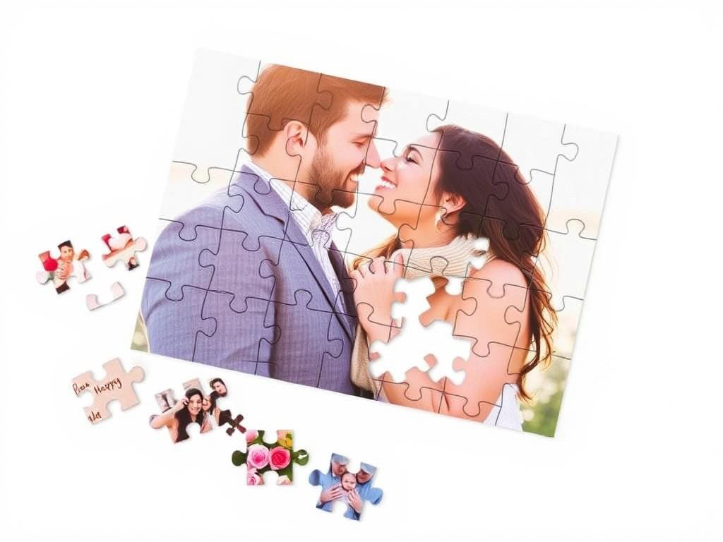 A custom photo puzzle being assembled showing a couple's picture for sentimental valentines gifts