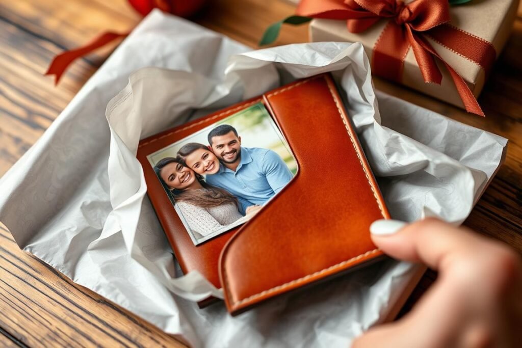 A custom photo wallet with a couple's picture being unwrapped as a surprise gift