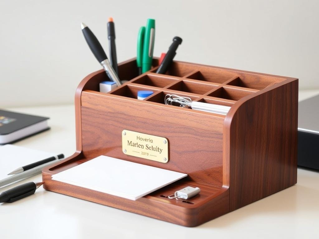 A customized wooden desk organizer with compartments and personalized engraving