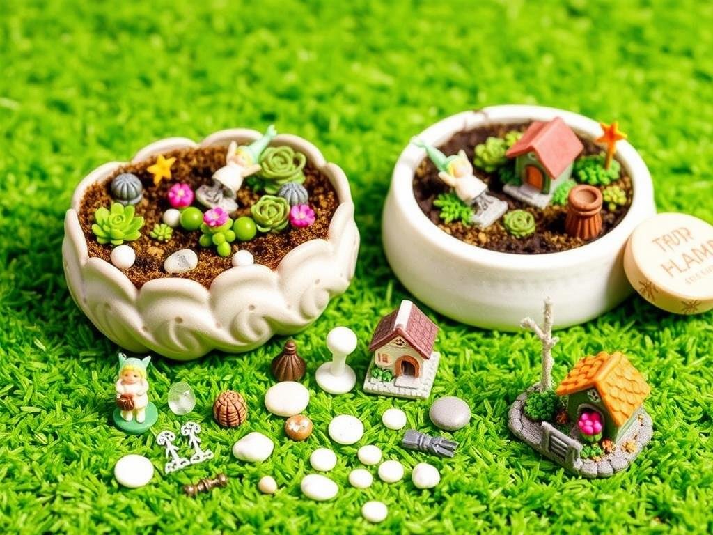 A cute miniature fairy garden kit with tiny accessories, plants, and decorative container