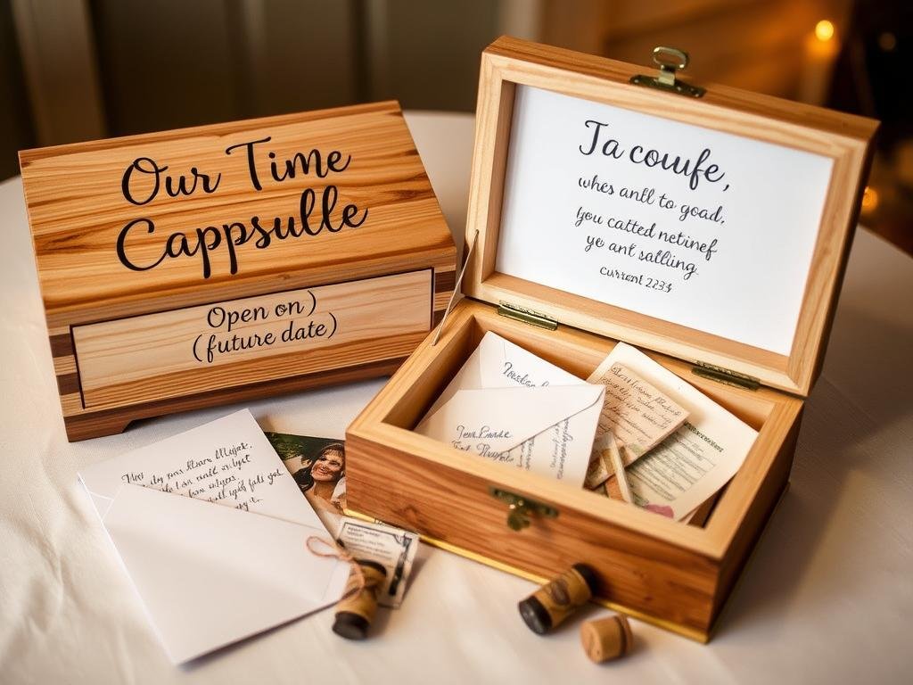 A decorated anniversary time capsule box with the year written on top and mementos laid out nearby