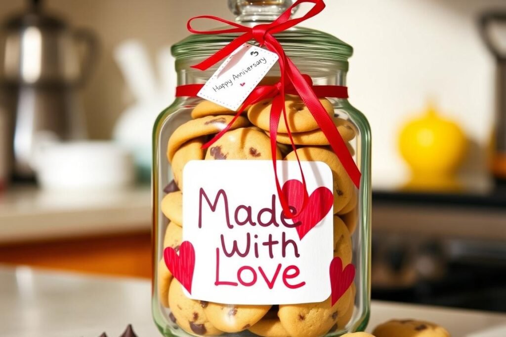 A decorated cookie jar filled with homemade cookies and tied with a ribbon and anniversary tag