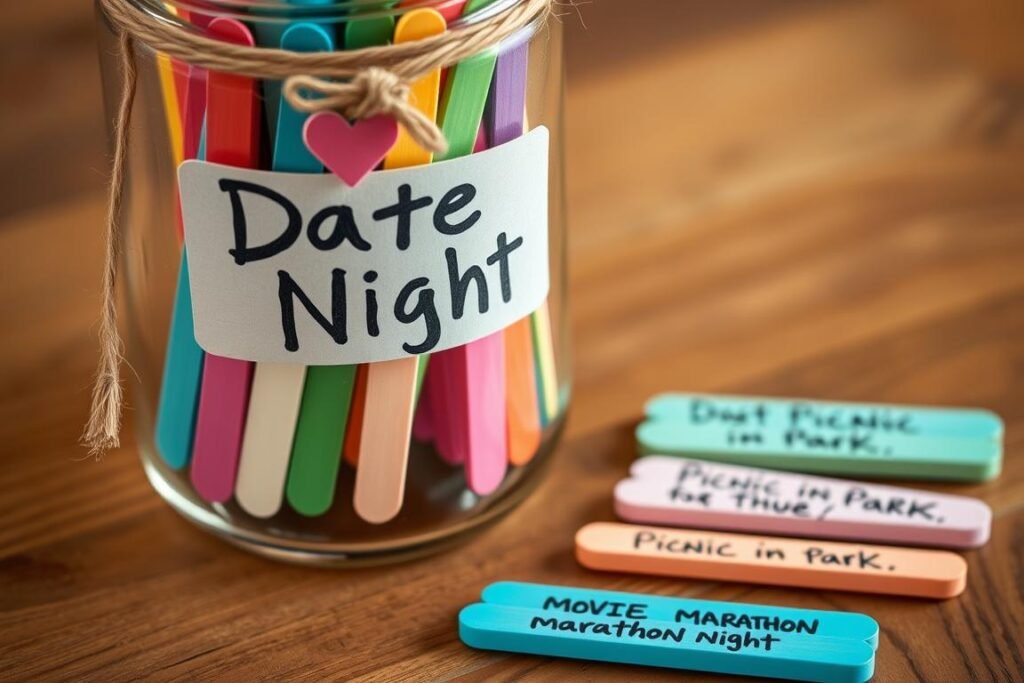 A decorated date night jar filled with colorful popsicle sticks featuring different date ideas