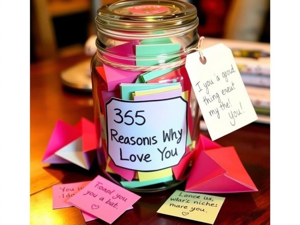 A decorated jar filled with colorful folded notes containing reasons why you love someone