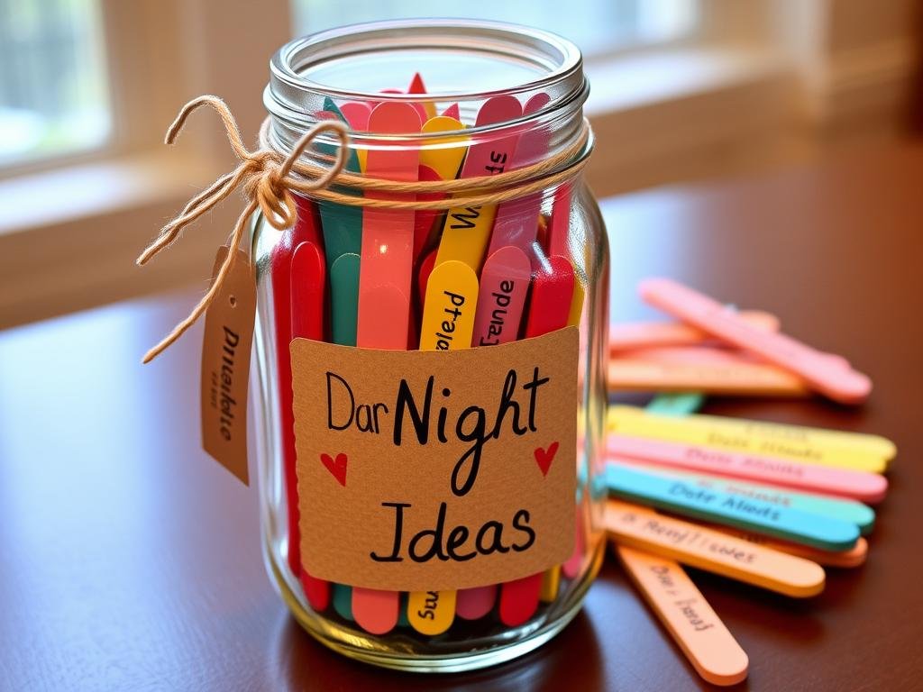 A decorated mason jar filled with colorful date night idea sticks