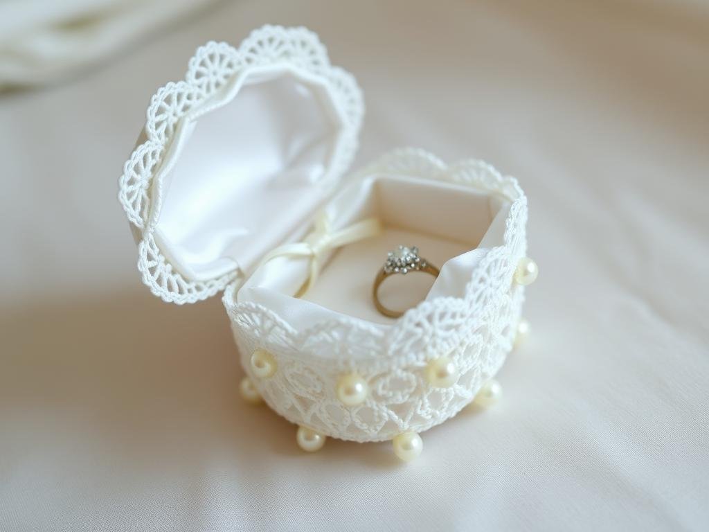 A delicate white crocheted jewelry box with a small ring inside