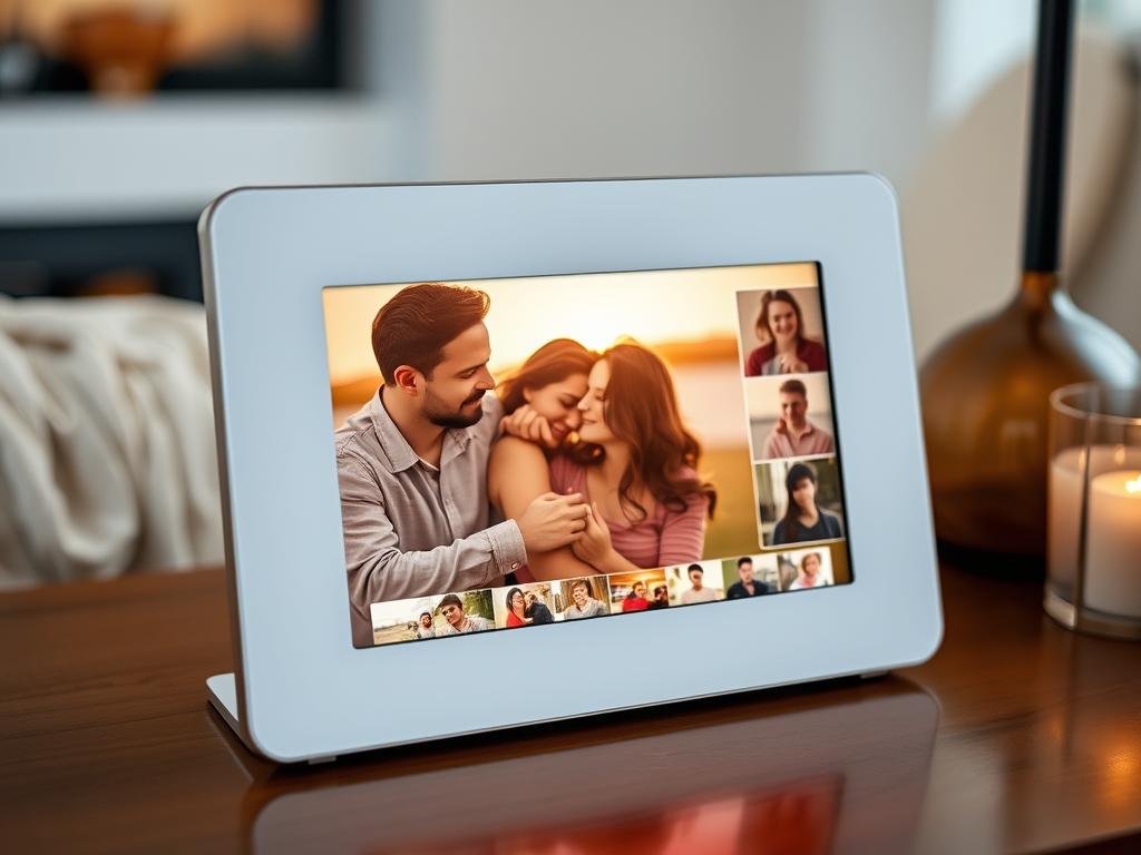 A digital photo frame displaying couple's photos for sentimental valentines gifts