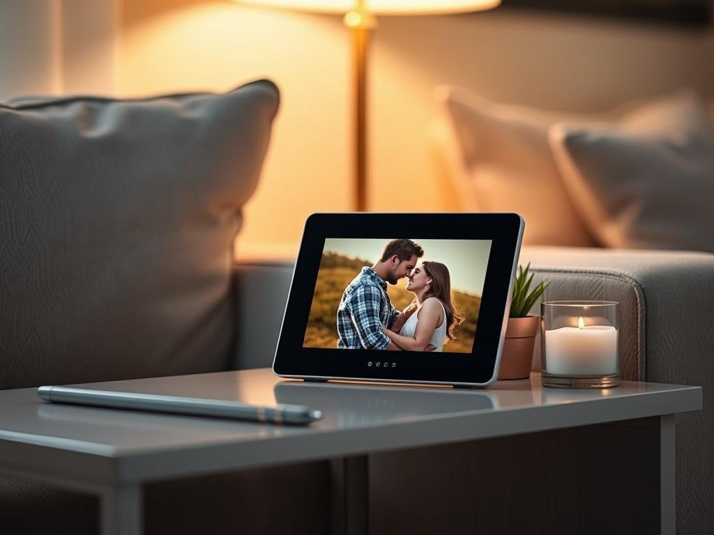A digital photo frame displaying multiple romantic couple photos in a living room setting
