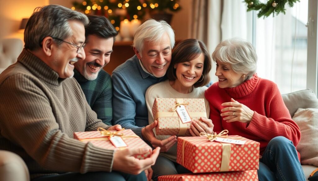 A family enjoying personalized gifts together, with expressions of joy and gratitude