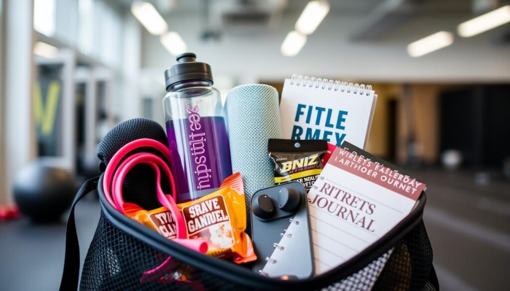 A fitness gift basket with workout accessories, water bottle, and healthy snacks