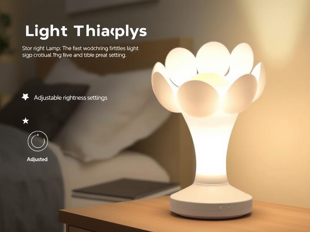 A flower-shaped light therapy lamp with adjustable brightness settings on a desk