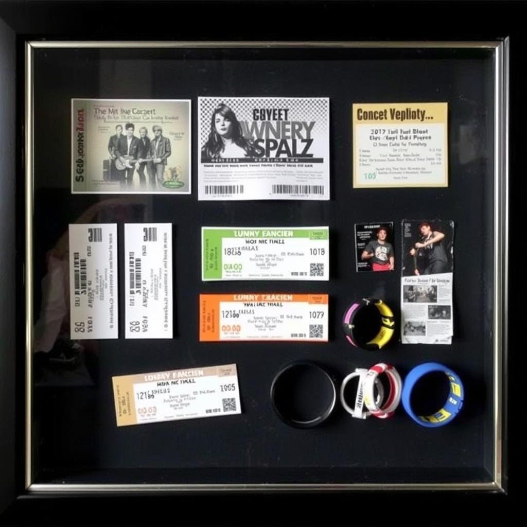 A framed collection of concert tickets and memorabilia