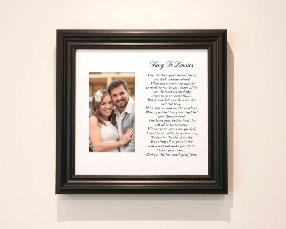 A framed custom artwork featuring a couple's photo and meaningful song lyrics