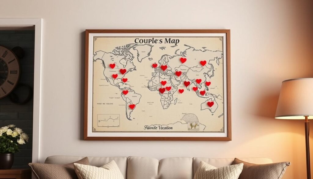 A framed custom map highlighting special locations in a couple's relationship, a meaningful sentimental gift for boyfriend