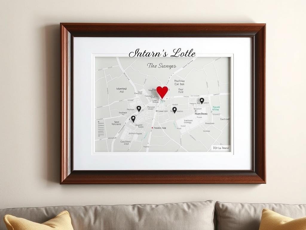 A framed custom map showing the location where a couple first met