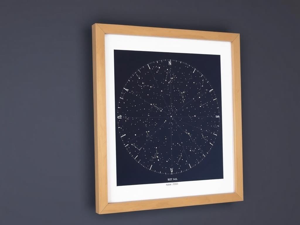 A framed custom star map showing the night sky from a special date