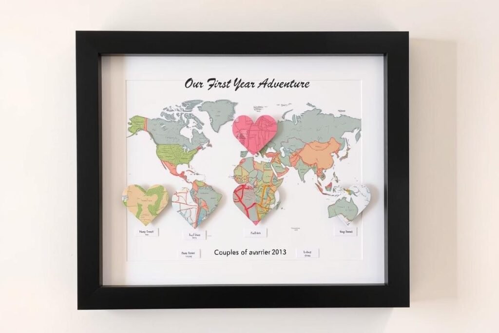 A framed paper map collage with heart-shaped cutouts of significant locations and relationship milestones