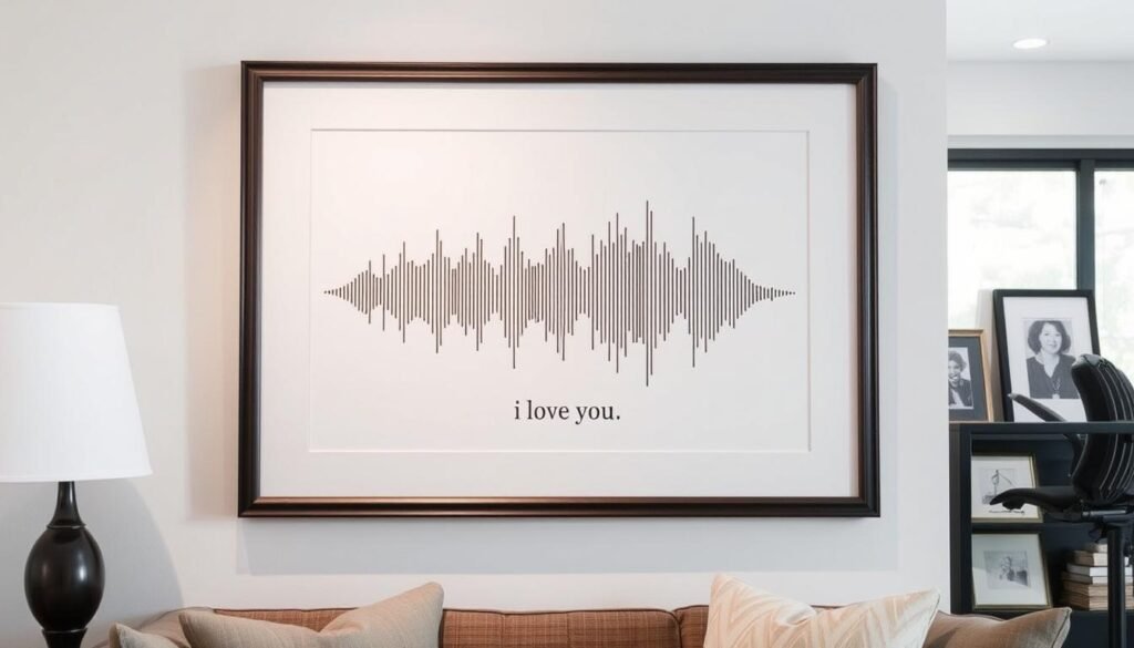 A framed sound wave art piece showing the waveform of a special message or song