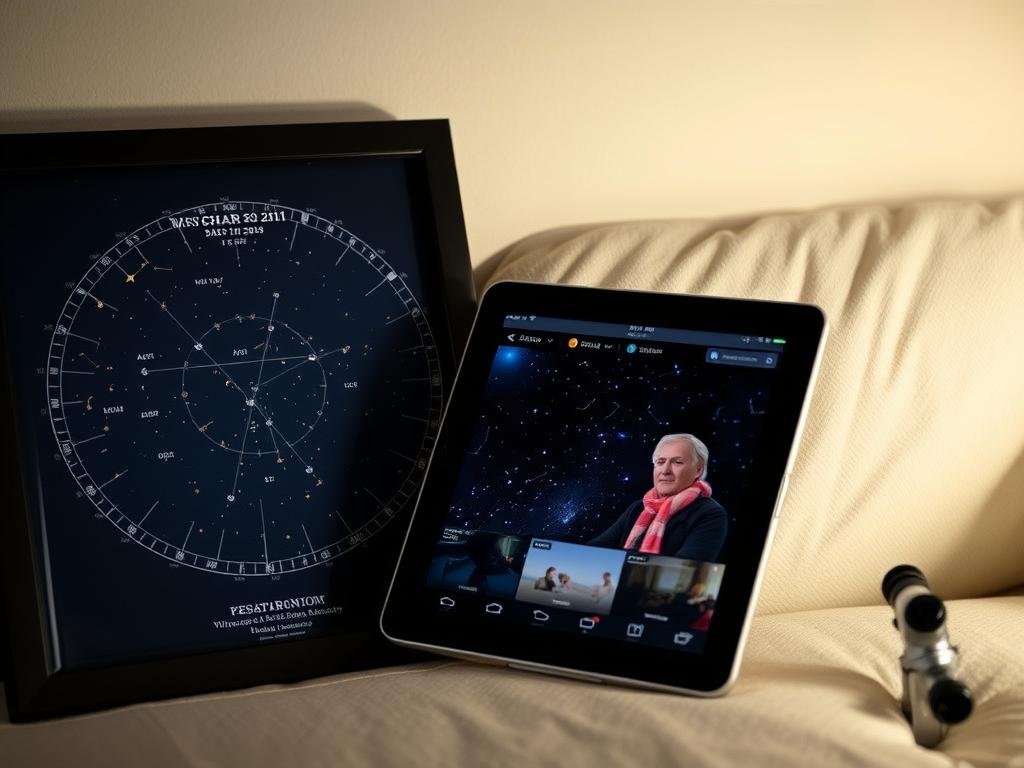 A framed star map next to a tablet showing a virtual astronomy session with visible constellations