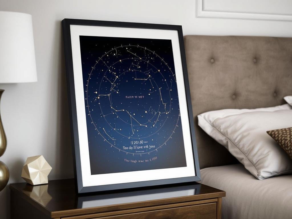 A framed star map showing the night sky on a special date, a romantic sentimental gift for boyfriend