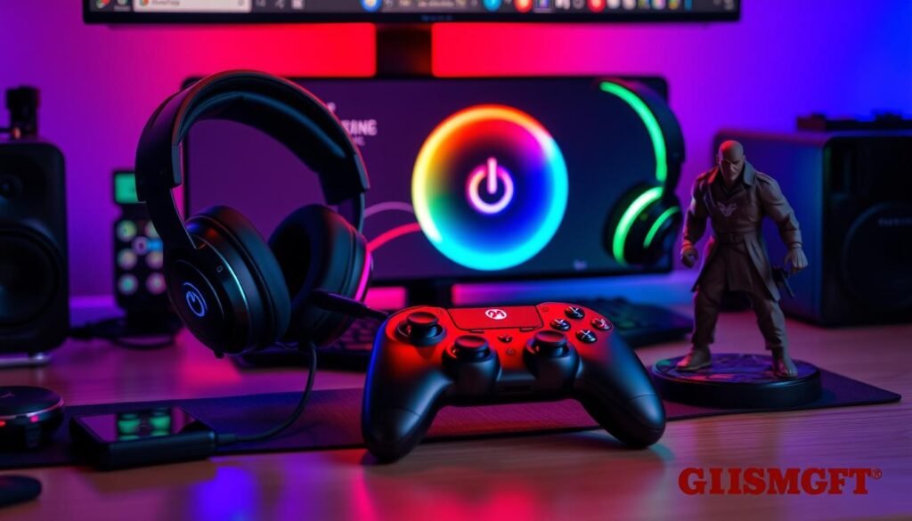 A gaming setup with RGB lighting and high-end accessories as potential gifts