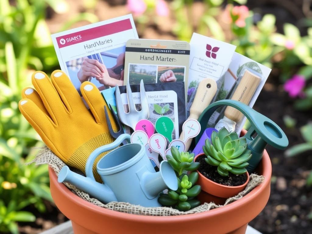 A gardening gift basket with tools, seeds, and plant care items