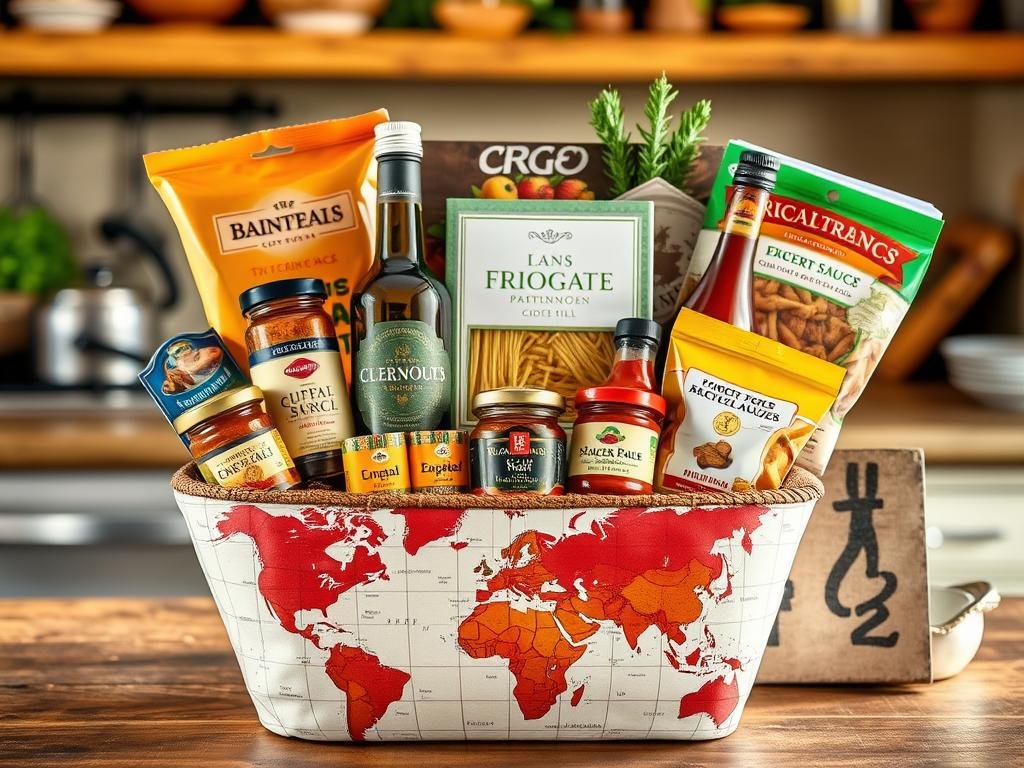 A global food gift basket with international ingredients and spices