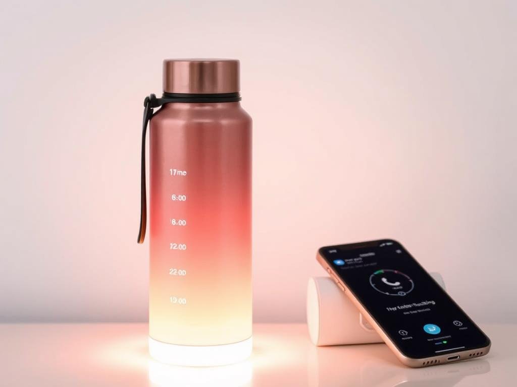 A glowing smart water bottle in rose gold color with time markers and connected smartphone app