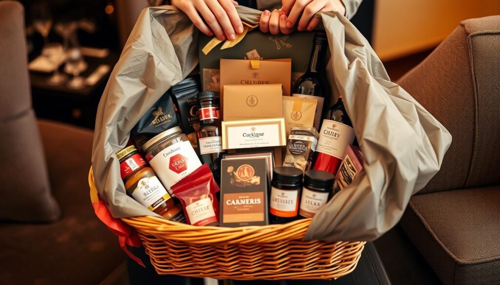 A gourmet gift basket with specialty foods and drinks being unwrapped