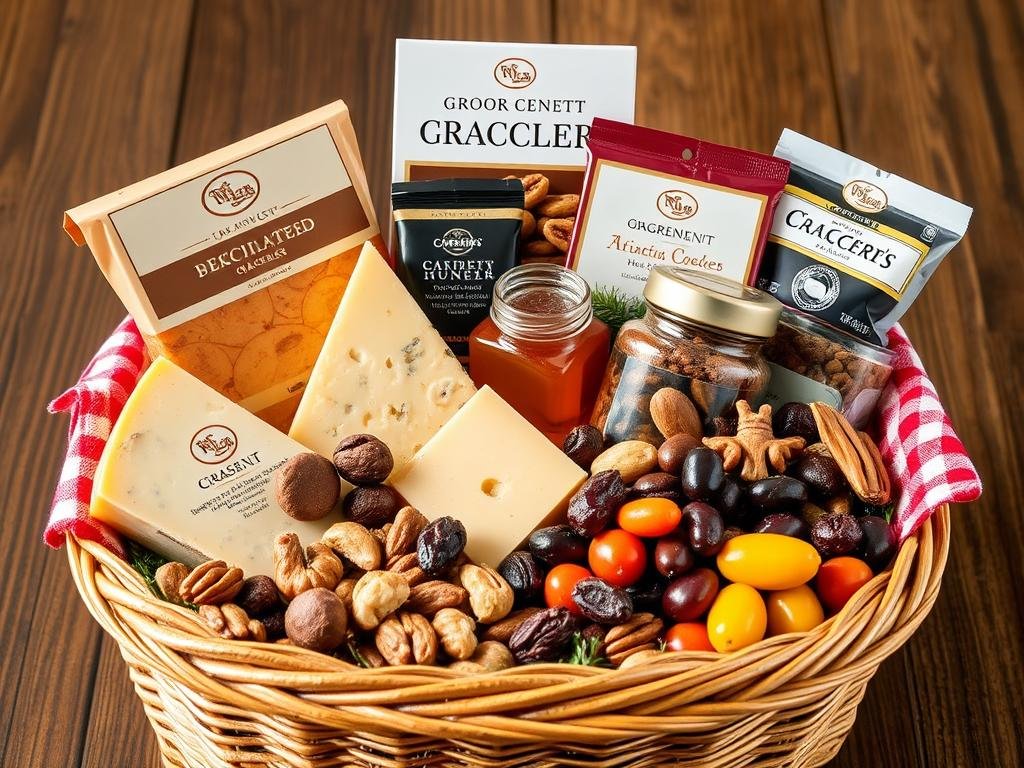 A gourmet snack gift basket with artisanal cheeses, crackers, and treats