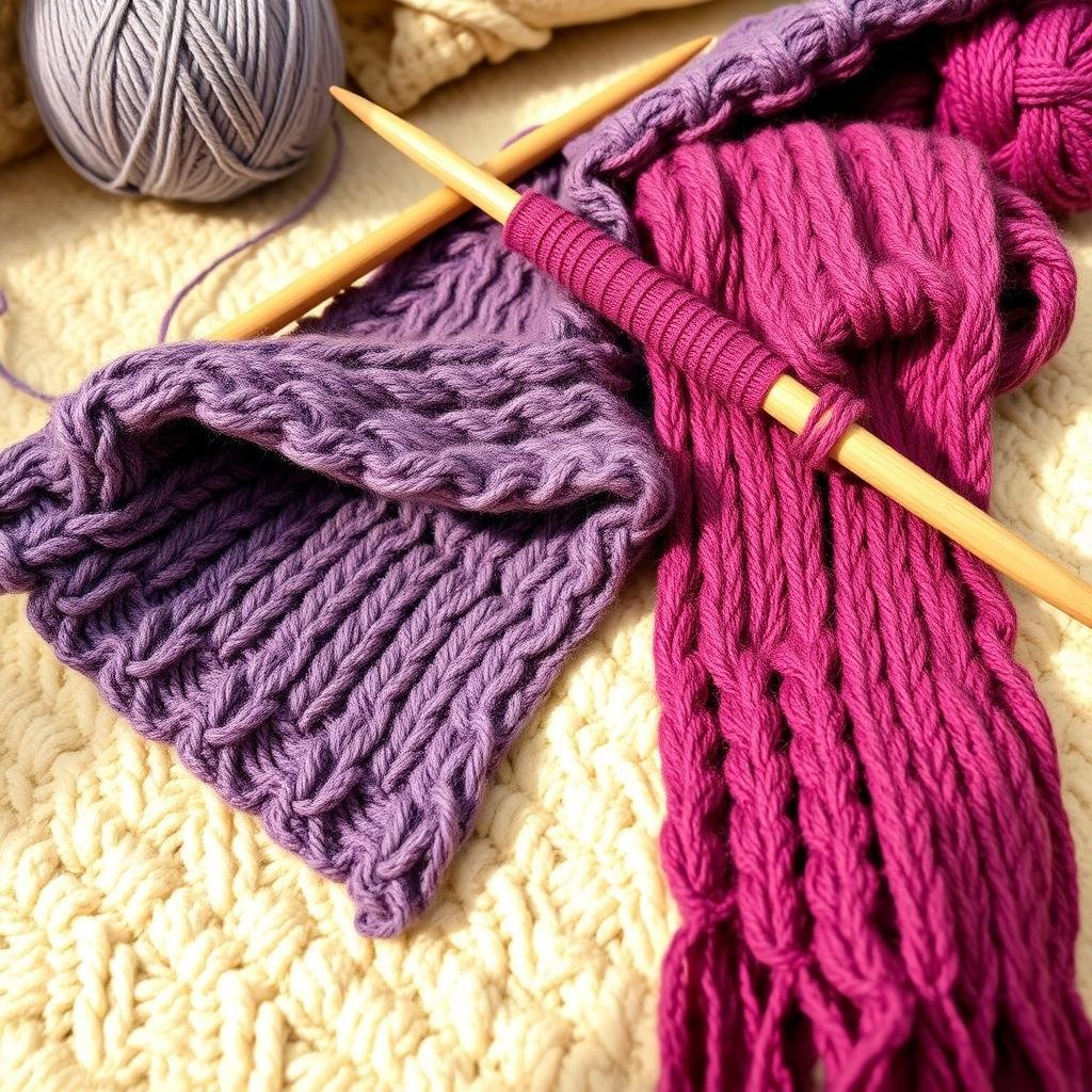 A hand-knitted scarf in progress with soft, premium yarn