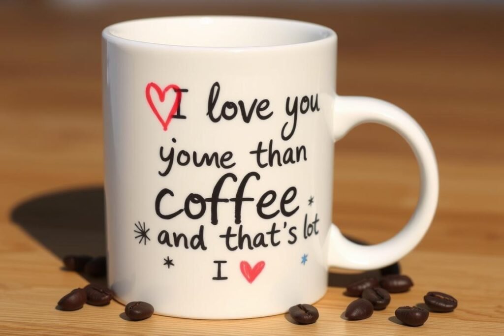 A hand-painted coffee mug with a personalized message and design