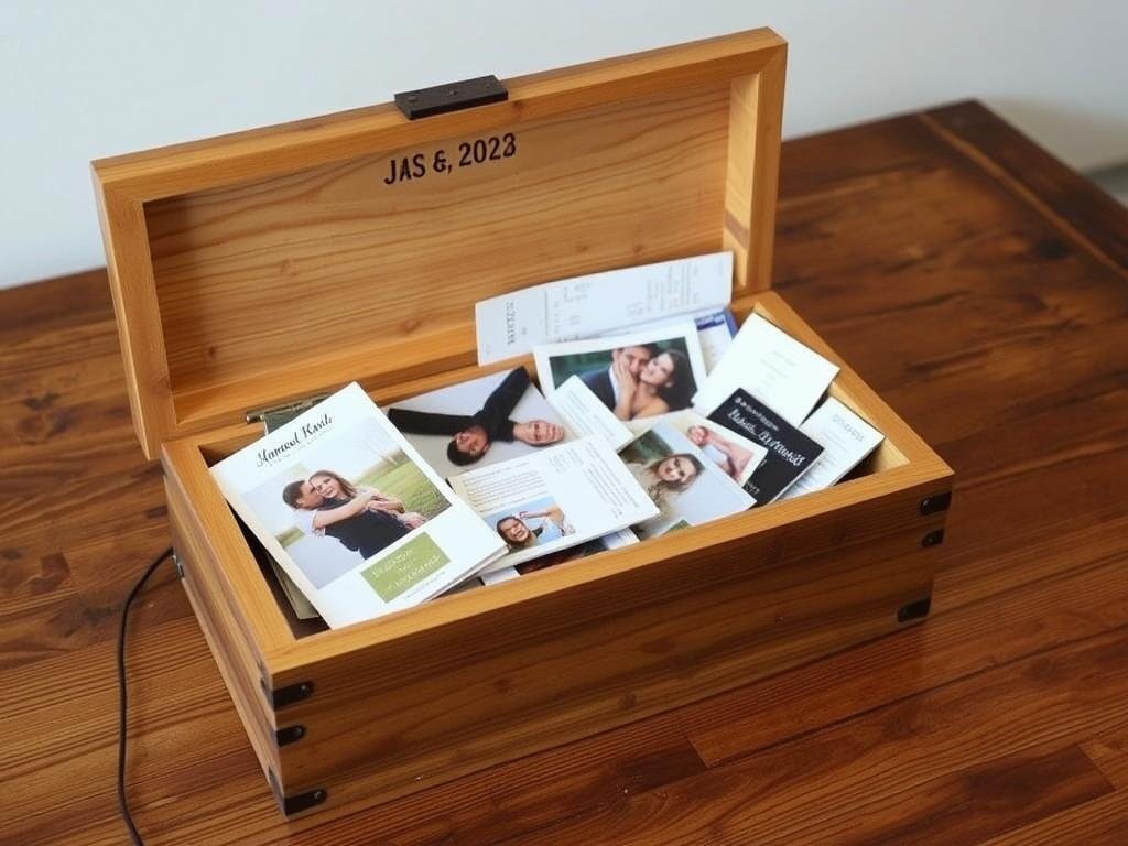 A handcrafted wooden memory box with photos and relationship mementos