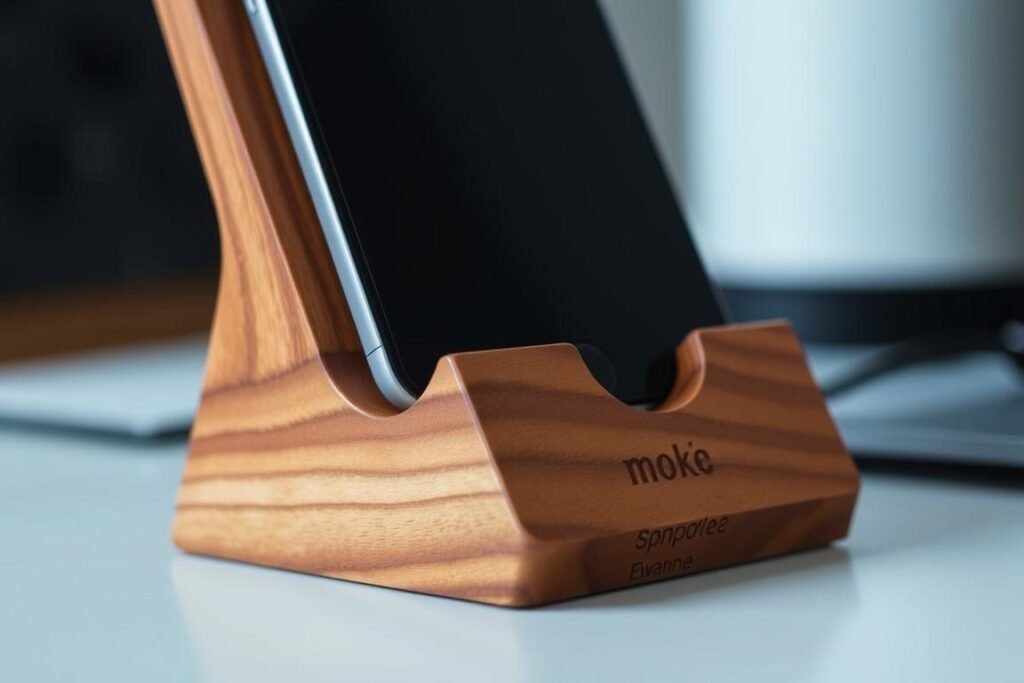 A handcrafted wooden phone stand with personalized engraving and a phone displayed in it
