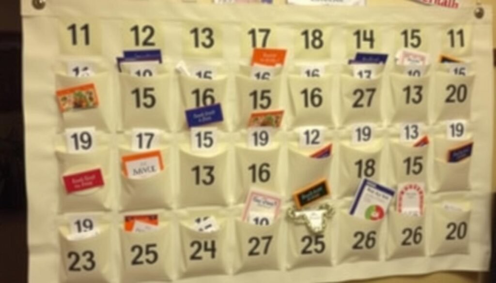 A handmade advent calendar with numbered pockets containing small gifts
