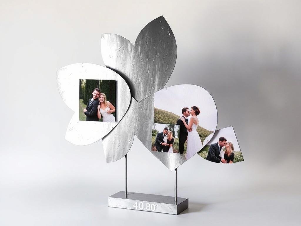 A handmade aluminum photo sculpture displaying transferred images from a couple's relationship for a tenth anniversary gift