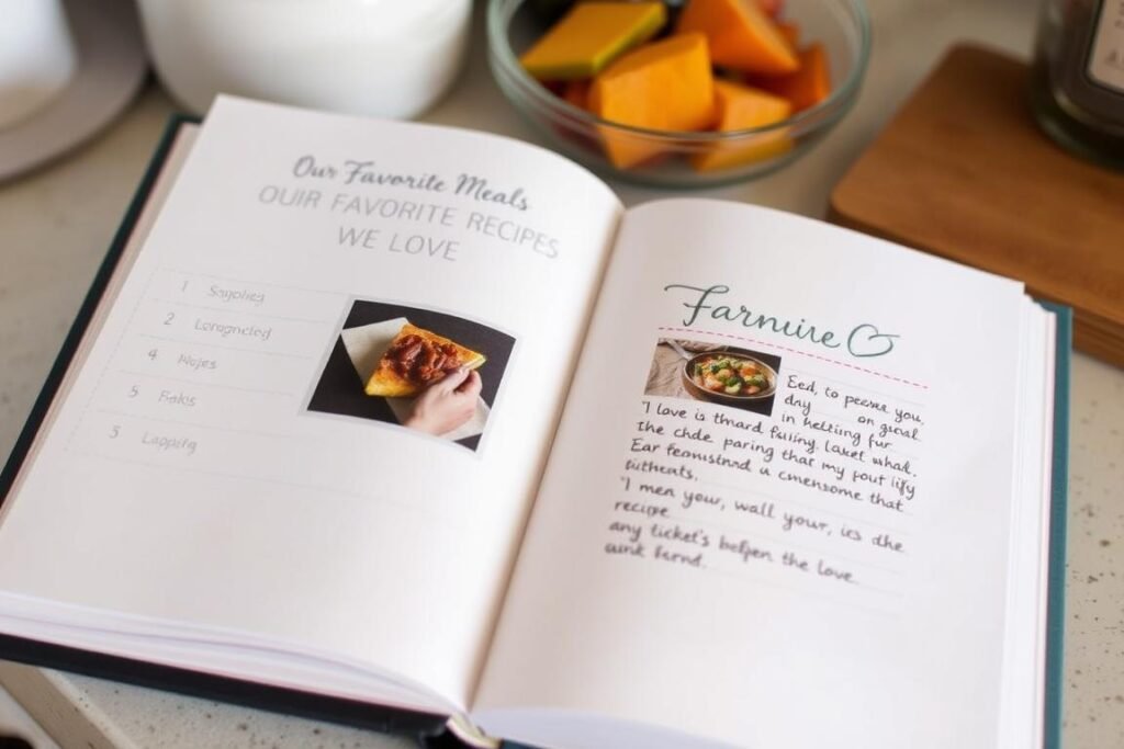 A handmade cookbook with personal notes and photos of special meals, a thoughtful sentimental gift for boyfriend