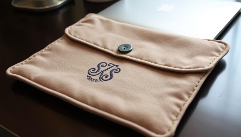A handmade fabric laptop sleeve with personalized embroidery or design