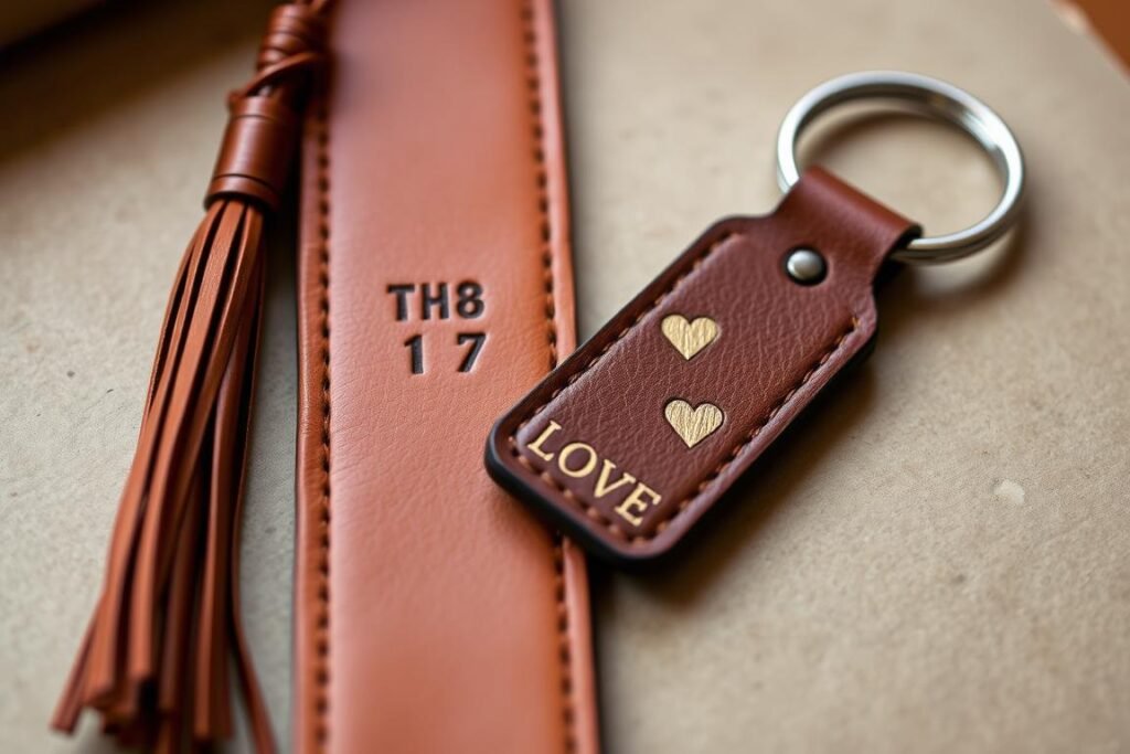 A handmade leather bookmark and keychain with personalized stamping for a third anniversary gift