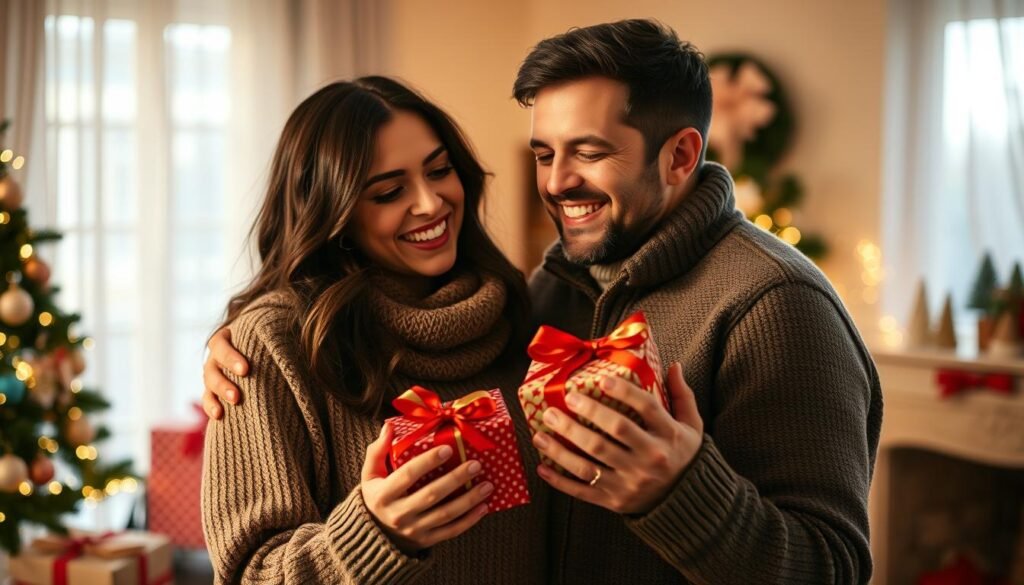 A happy couple embracing after exchanging meaningful gifts