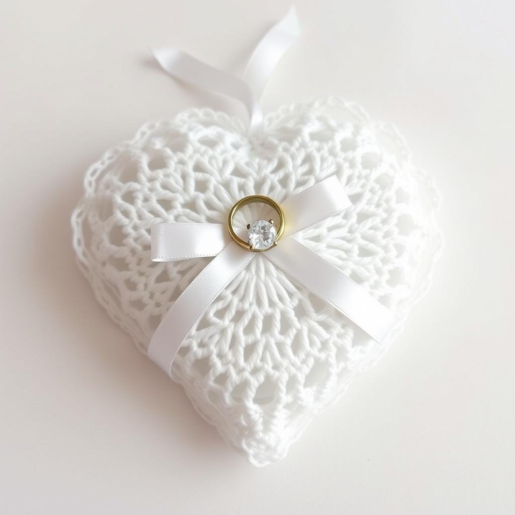 A heart-shaped crocheted ring bearer pillow with ribbon
