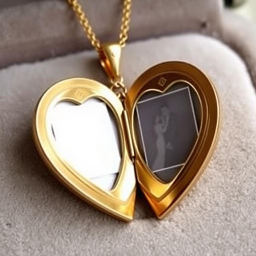 A heart-shaped gold locket necklace, opened to show space for two small photos